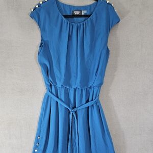 Guess Women Cocktail Mini Dress Aqua Blue Size 14 Gold Buttons Belted Sleeveless